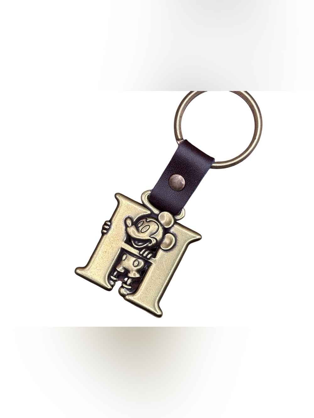 Disney Gold Tone Mickey Mouse 'H' Initial Keychain with Brown Strap